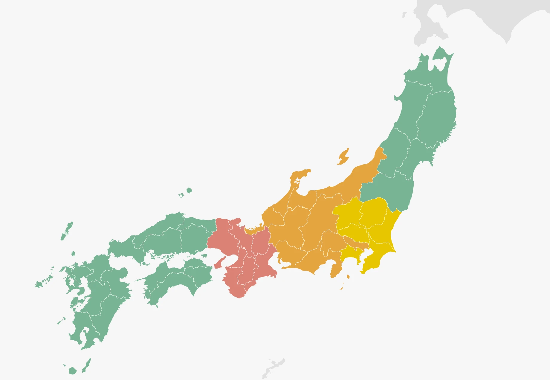 対応エリアの日本地図。近畿地方、中部地方、関東地方、その他でエリア分けされている。
